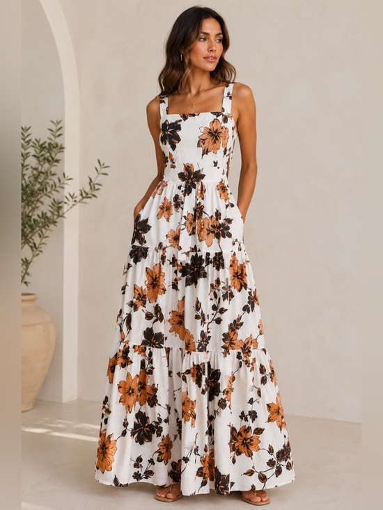 NICHOLAS Dresses & Skirts - Nicholas Linen Floral Tiered Maxi Dress Size 0 Sepia Brown White Pockets